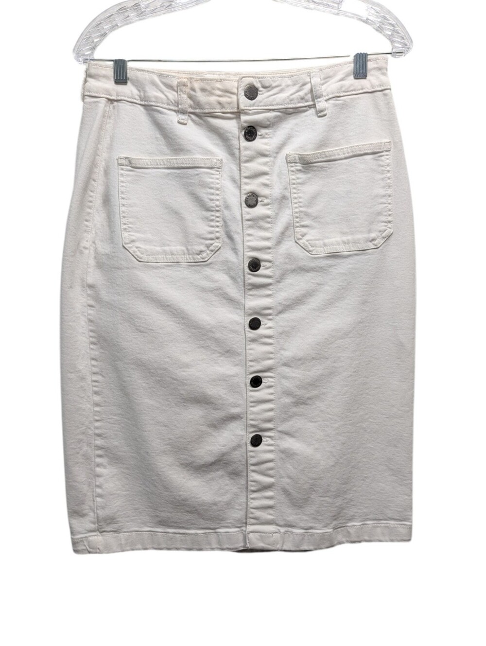 🔥White denim jean knee length cotton stretch Pockets pencil skirt minimilist - Picture 7 of 7